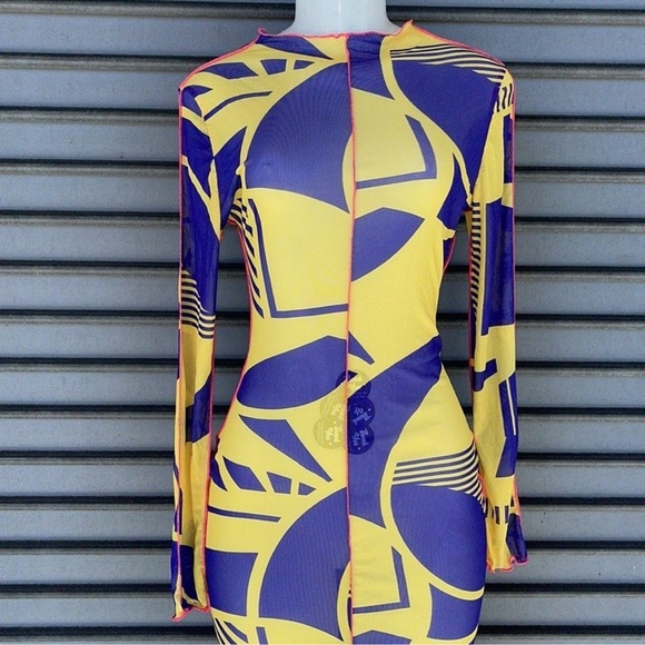 Fashion Nova Yellow and Purple Geometric Dress Mesh Dress Long Sleeve Size L - Picture 5 of 9